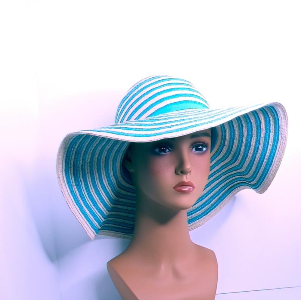Company by Ellen Tracy Straw Wide Brim Aqua Striped Hat - RN 105797